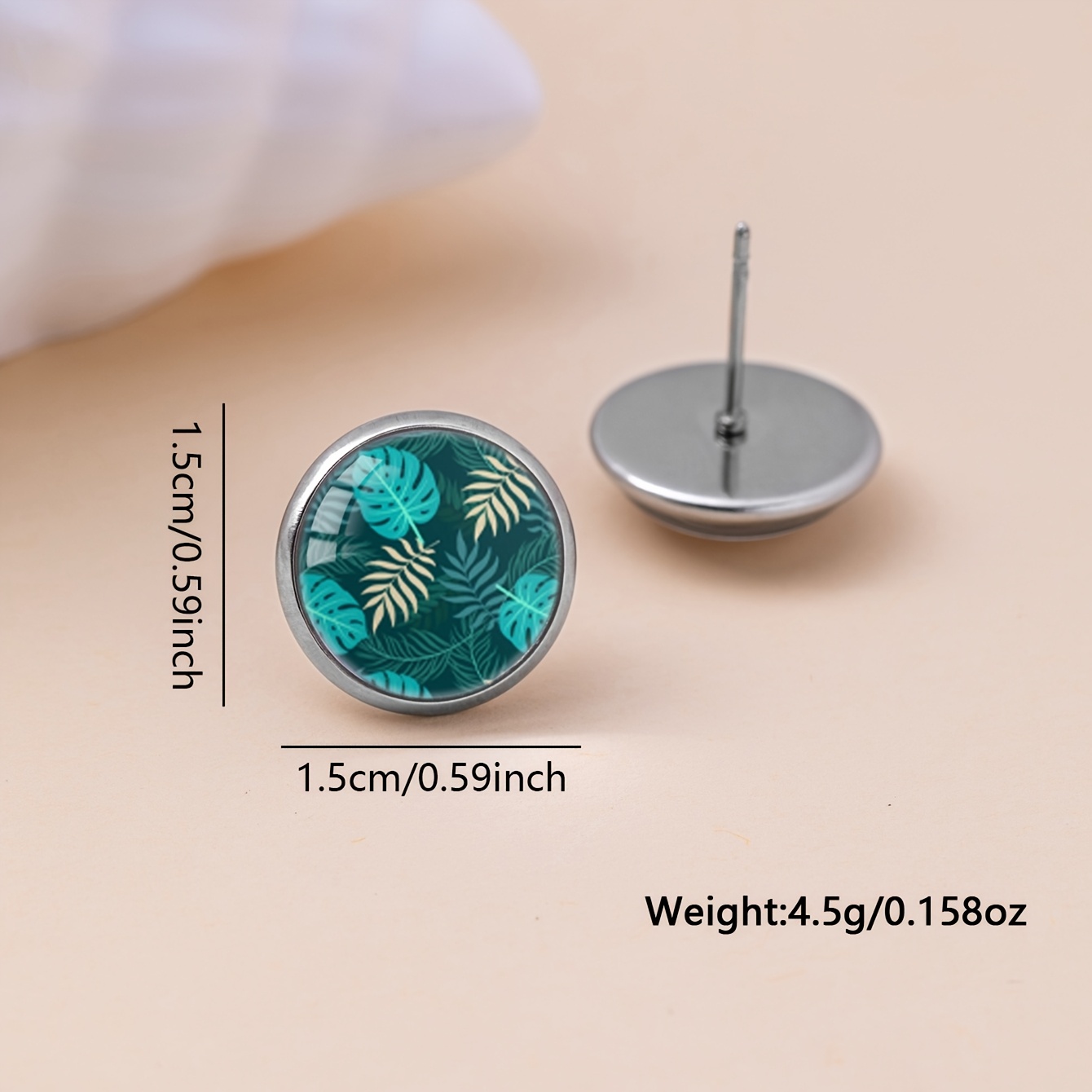 Dark Green Palm Turtle Leaf Pattern Round Ear Studs for Men